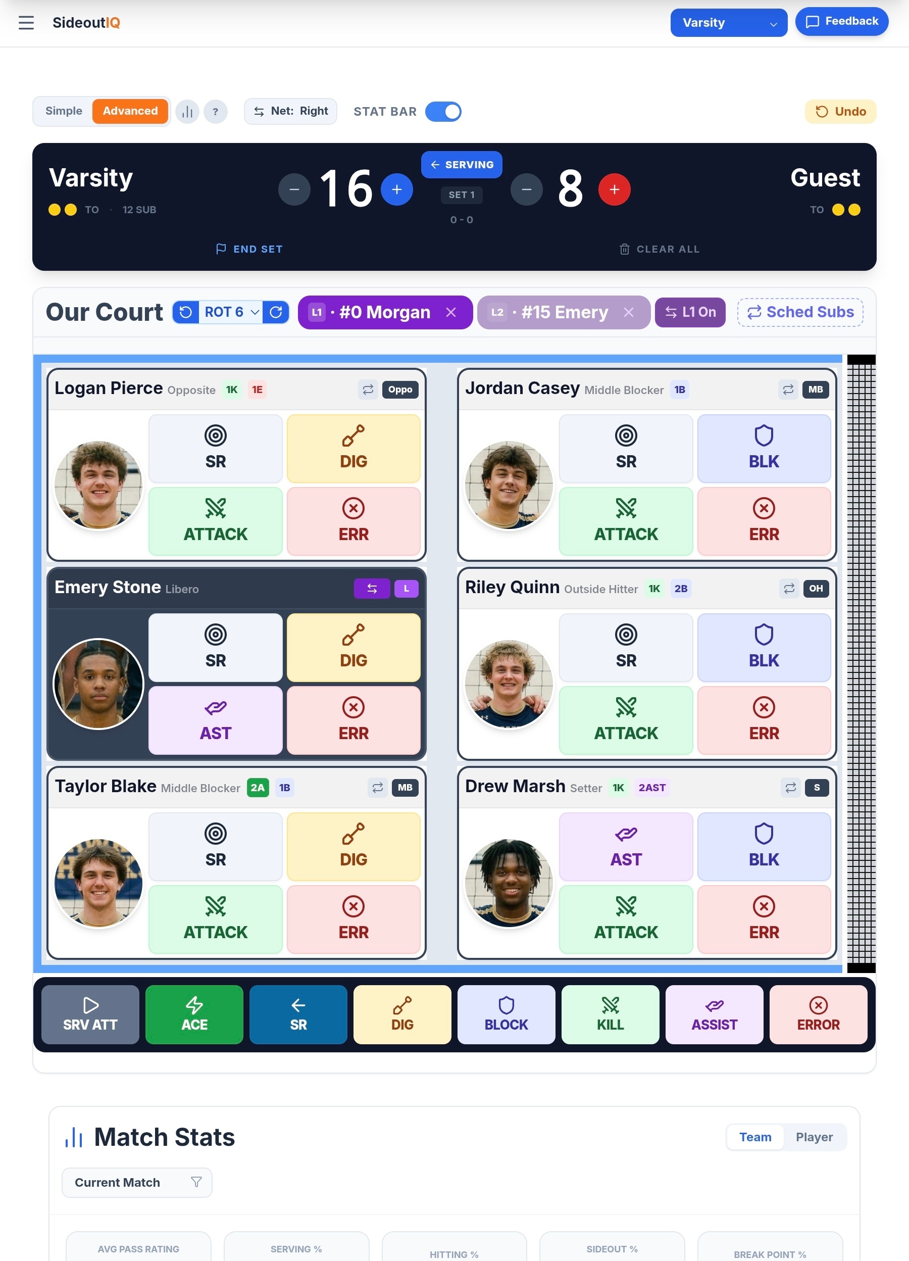 SideoutIQ live volleyball stat tracking — in-game screen with rotation and substitution management